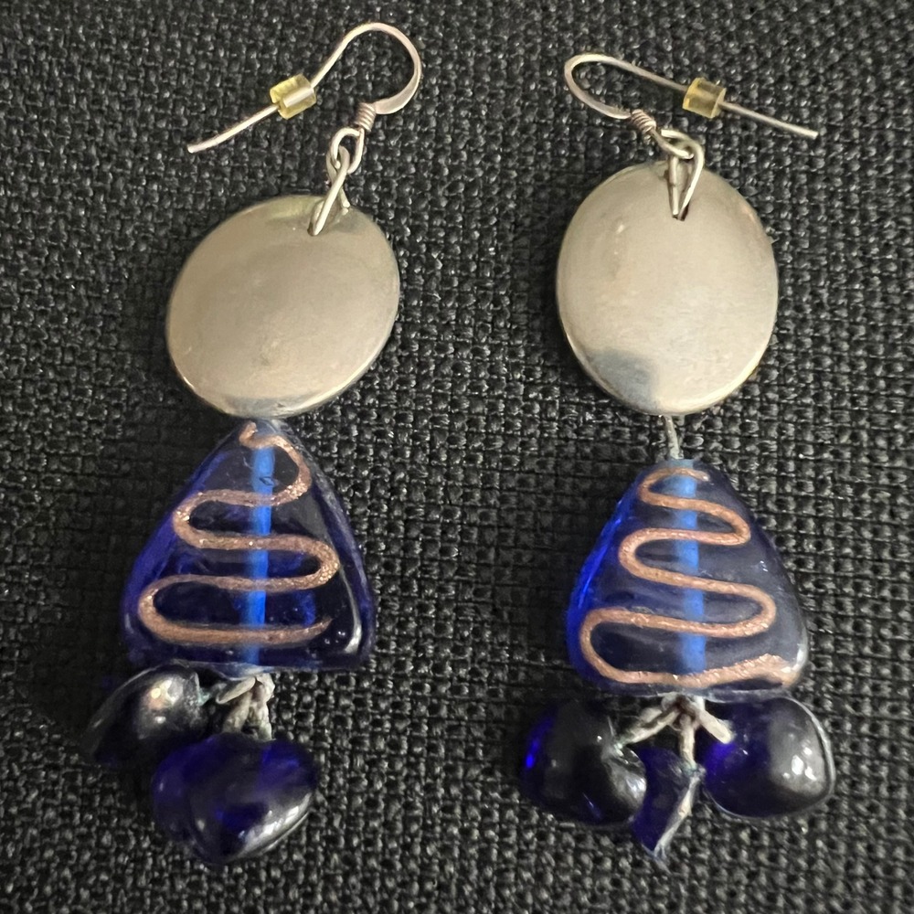 Vintage Cobalt Blue Art Glass Silver Tone Drop Dangle Earrings Size M Whimsigoth